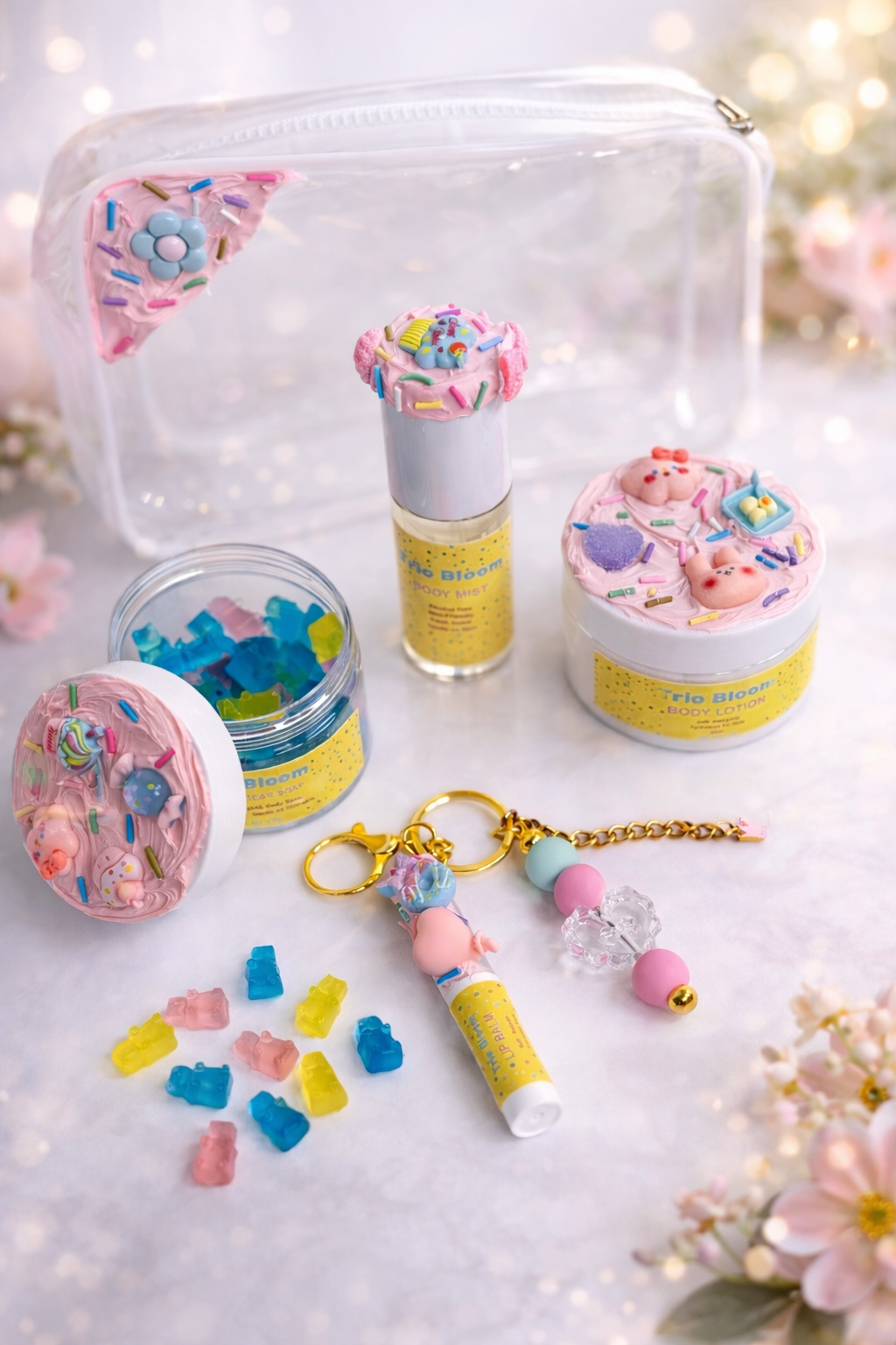 Trio Bloom Kids Self-Care Gift Set – Body Mist, Lotion, Lip Balm & Gummy Soap