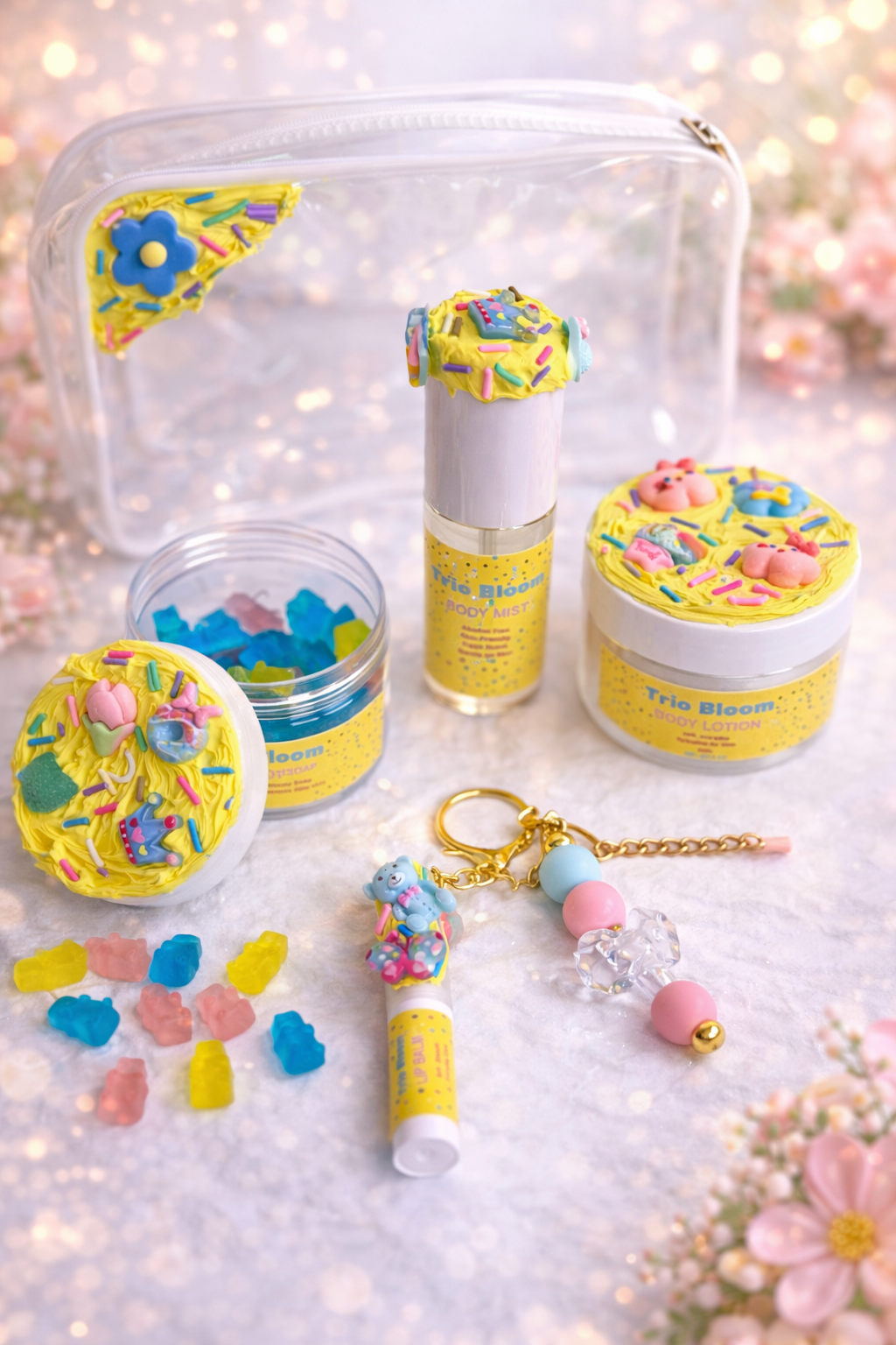 Trio Bloom Kids Self-Care Gift Set – Body Mist, Lotion, Lip Balm & Gummy Soap